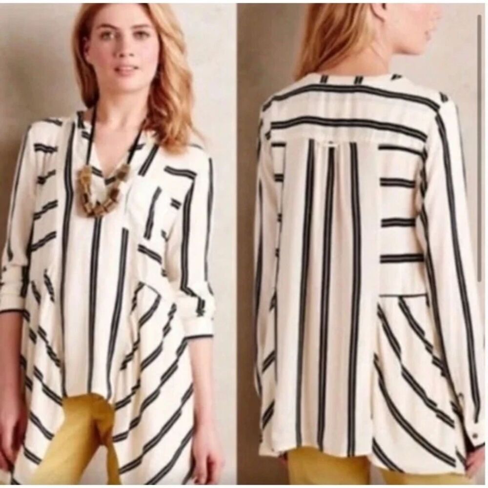 Maeve Anthropologie White w/Black Strip V-Neck Assymetrical Hem Blouse size 4
